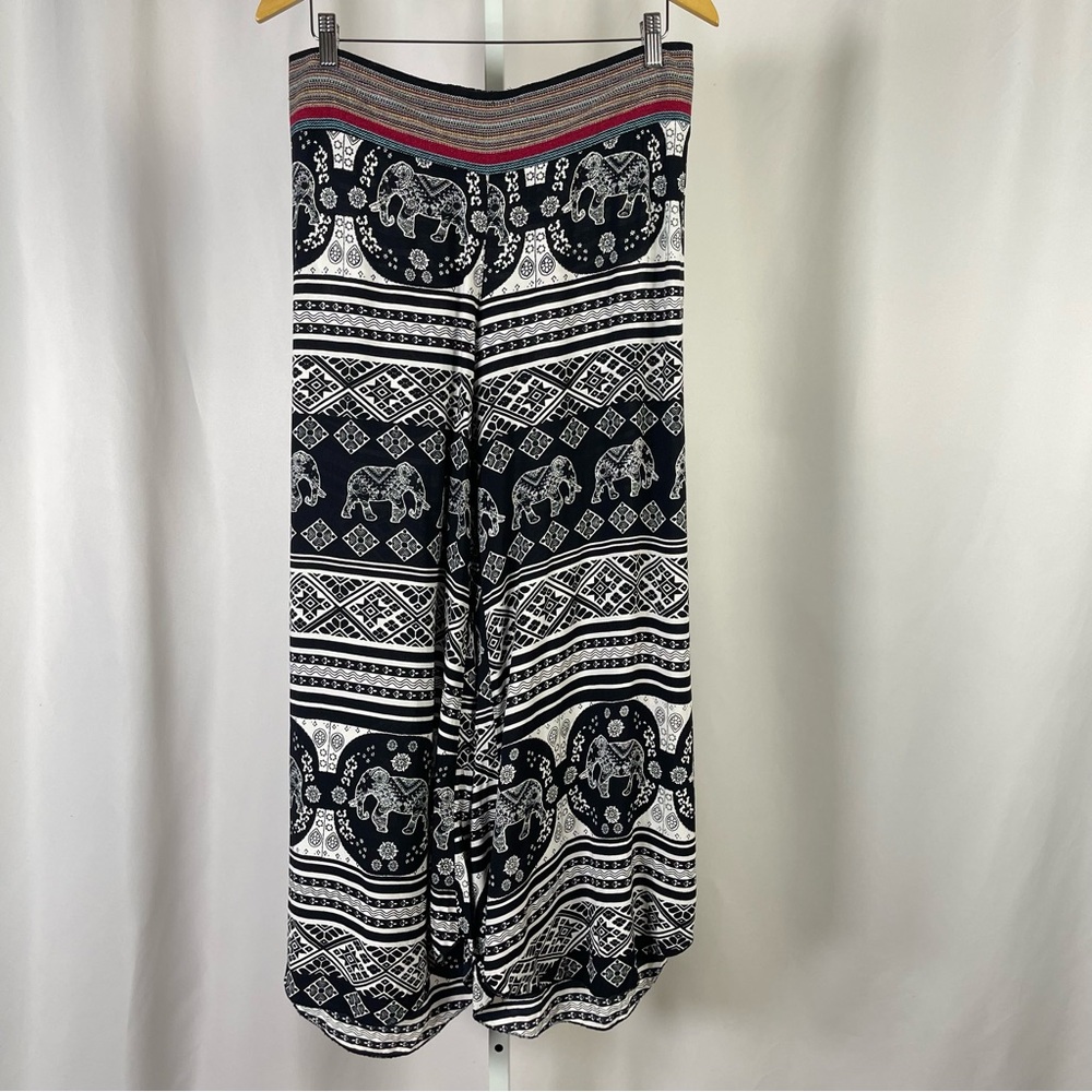 Thread Story Large Chic Elephant Print Wide Leg Palazzo Pants Vacation Boho